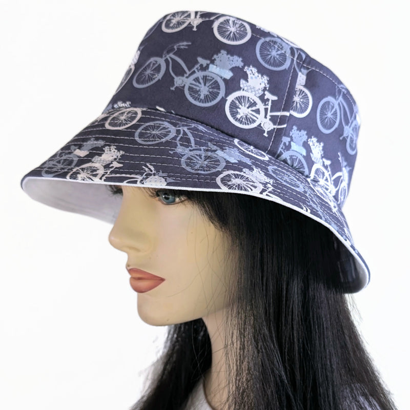 Sun Hat Perfect Bucket Hat, Blue bicycle print, deep bucket brim
