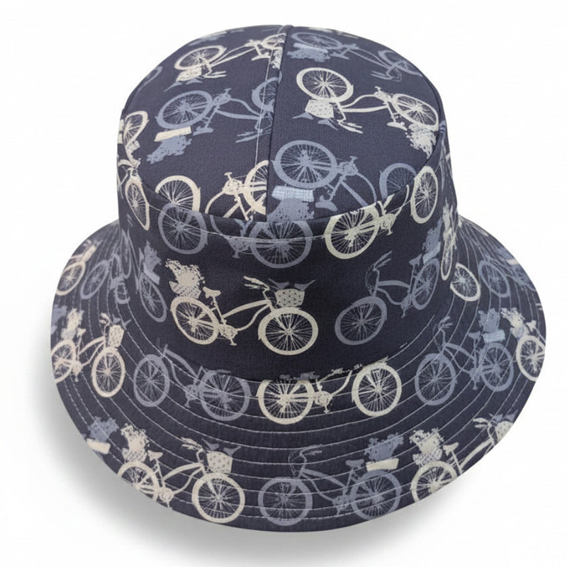 Sun Hat Perfect Bucket Hat, Blue bicycle print, deep bucket brim