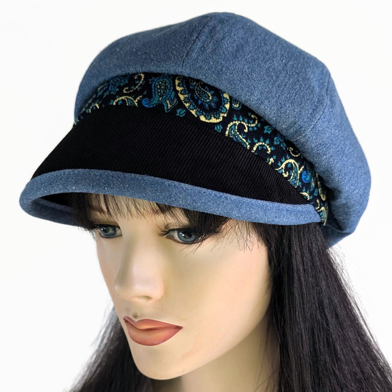 Baggy Poorboy Fashion Cap in mix of denim and cord, blue black paisley theme, with wide flattering visor, one size fit