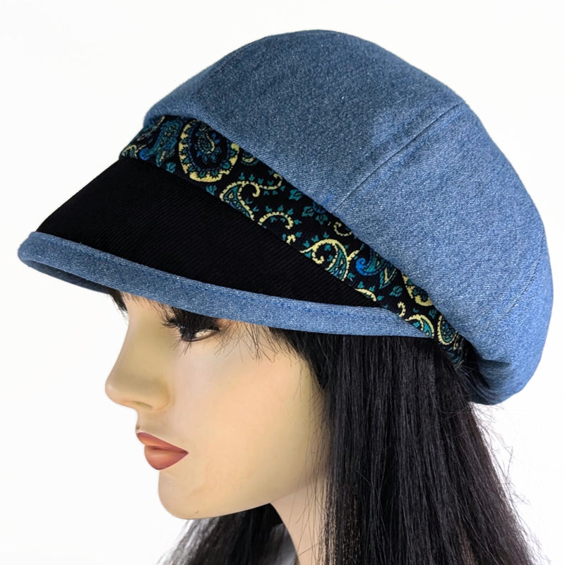 Baggy Poorboy Fashion Cap in mix of denim and cord, blue black paisley theme, with wide flattering visor, one size fit