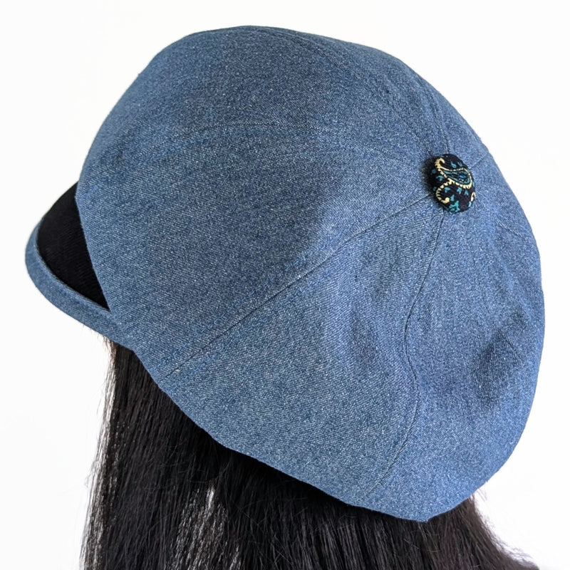 Baggy Poorboy Fashion Cap in mix of denim and cord, blue black paisley theme, with wide flattering visor, one size fit