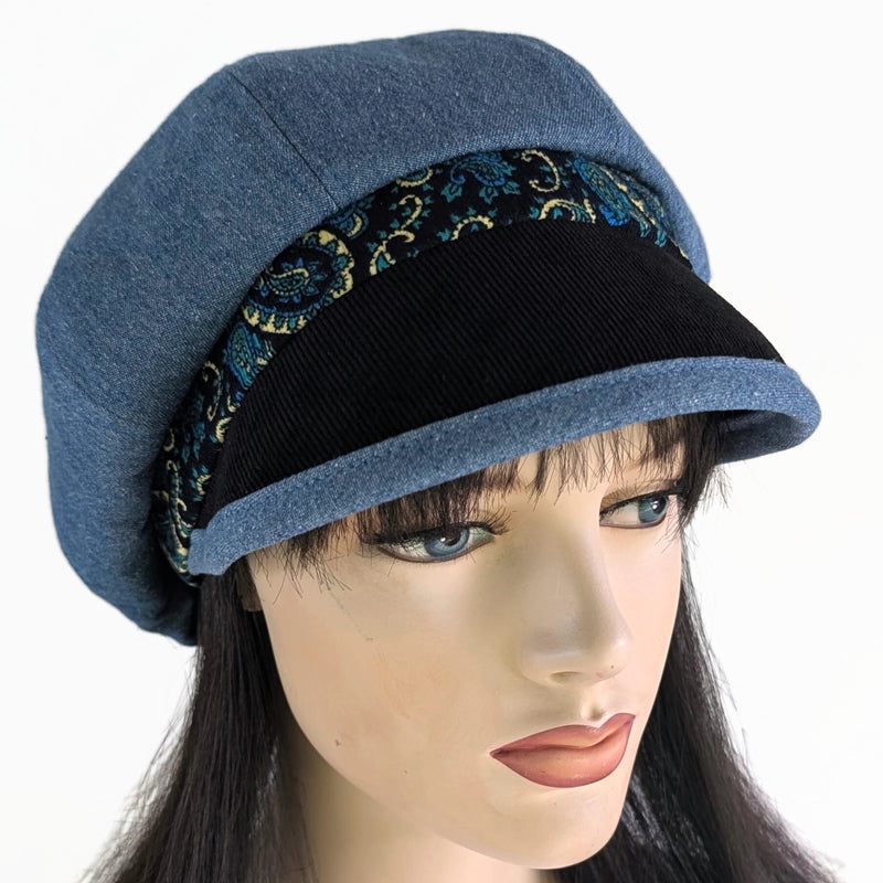 Baggy Poorboy Fashion Cap in mix of denim and cord, blue black paisley theme, with wide flattering visor, one size fit