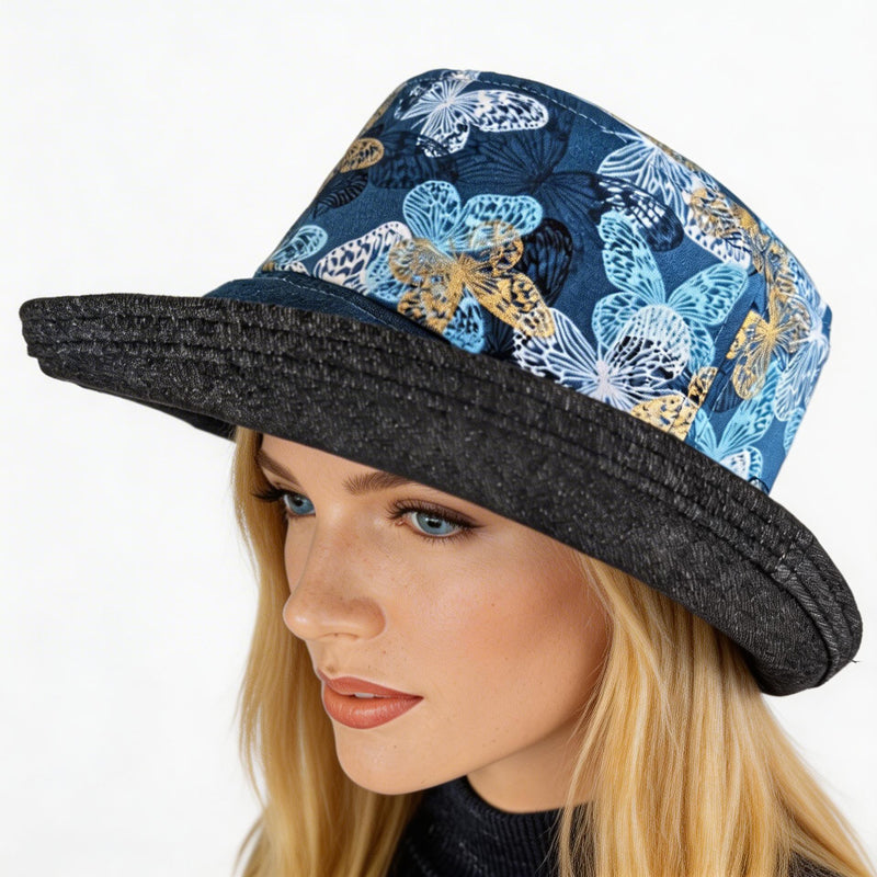 The Perfect Sun Hat Fun Hat, indigo denim with beautiful butterflies, with flattering brim mid size brim