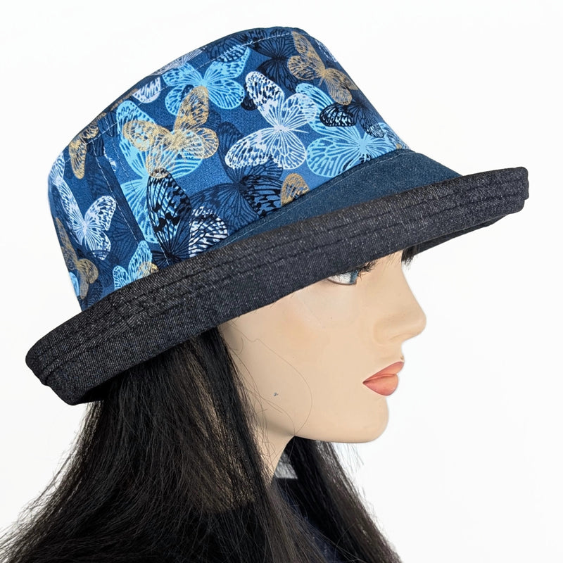 The Perfect Sun Hat Fun Hat, indigo denim with beautiful butterflies, with flattering brim mid size brim