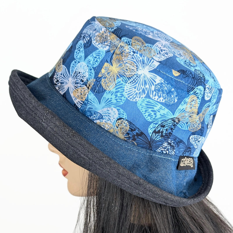 The Perfect Sun Hat Fun Hat, indigo denim with beautiful butterflies, with flattering brim mid size brim