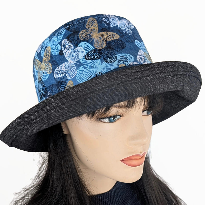 The Perfect Sun Hat Fun Hat, indigo denim with beautiful butterflies, with flattering brim mid size brim