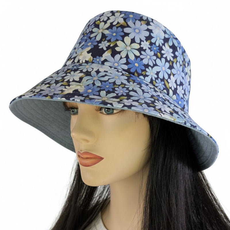 Sun Hat Perfect Bucket Hat, Blue Daisy floral print, deep bucket brim