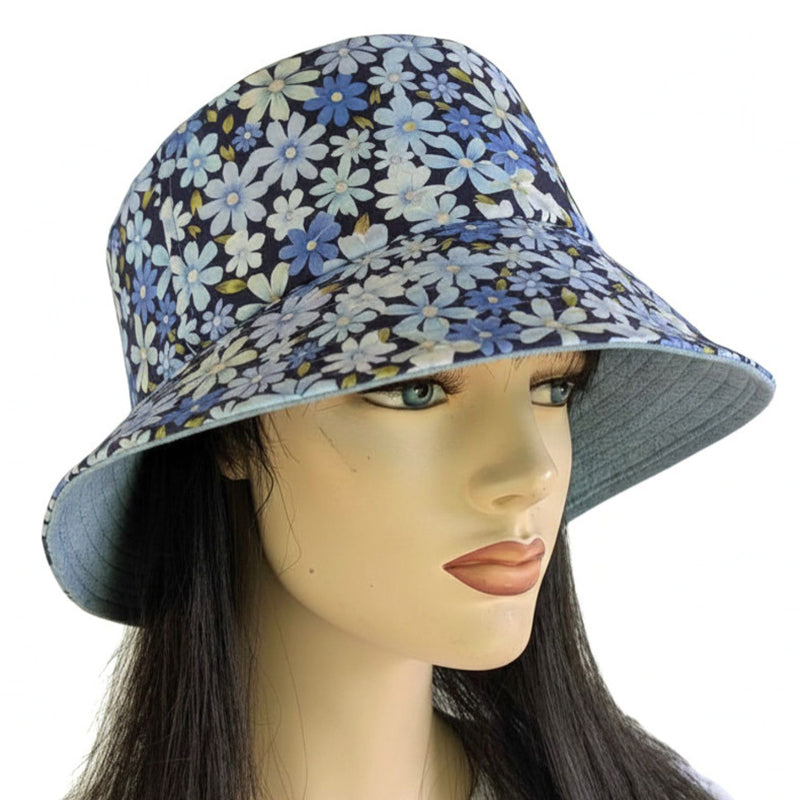 Sun Hat Perfect Bucket Hat, Blue Daisy floral print, deep bucket brim