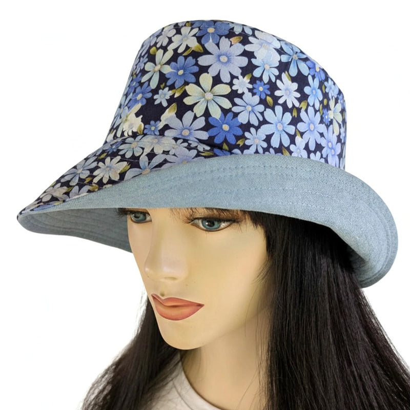 Sun Hat Perfect Bucket Hat, Blue Daisy floral print, deep bucket brim
