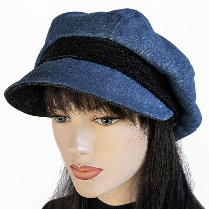 Washed Denim Newsboy Poorboy Fashion Cap with black lace trim, relaxed fit