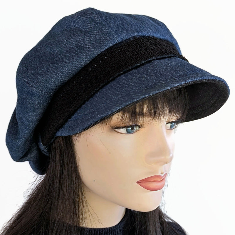 Washed Denim Newsboy Poorboy Fashion Cap with black lace trim, relaxed fit