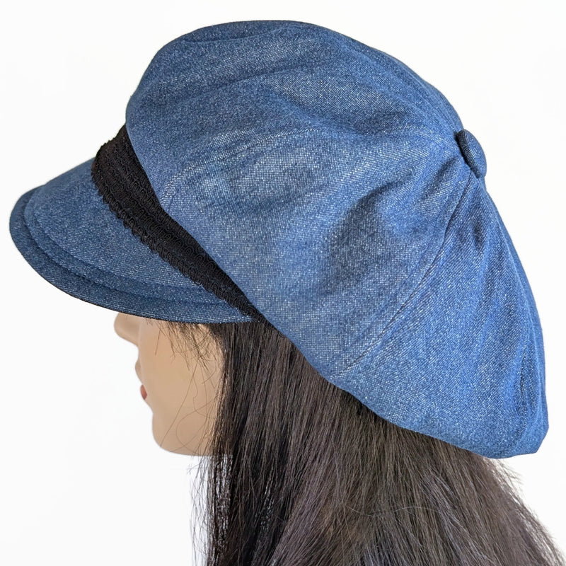 Washed Denim Newsboy Poorboy Fashion Cap with black lace trim, relaxed fit