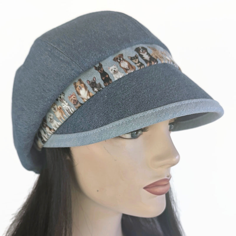 Poorboy Fashion Cap in blue denim, lots of doggies, flattering visor, baggy fit