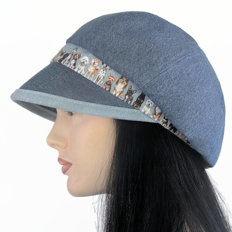 Poorboy Fashion Cap in blue denim, lots of doggies, flattering visor, baggy fit