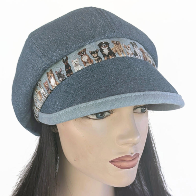 Poorboy Fashion Cap in blue denim, lots of doggies, flattering visor, baggy fit