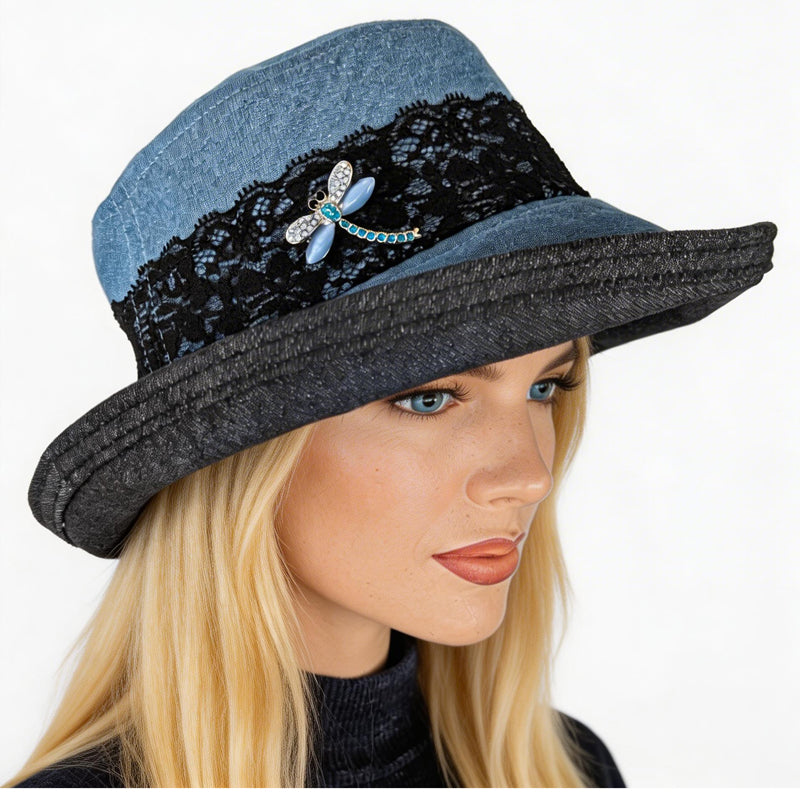The Perfect Sun Hat, blue and black denim with black lace and sparkly pin trim, with flattering brim