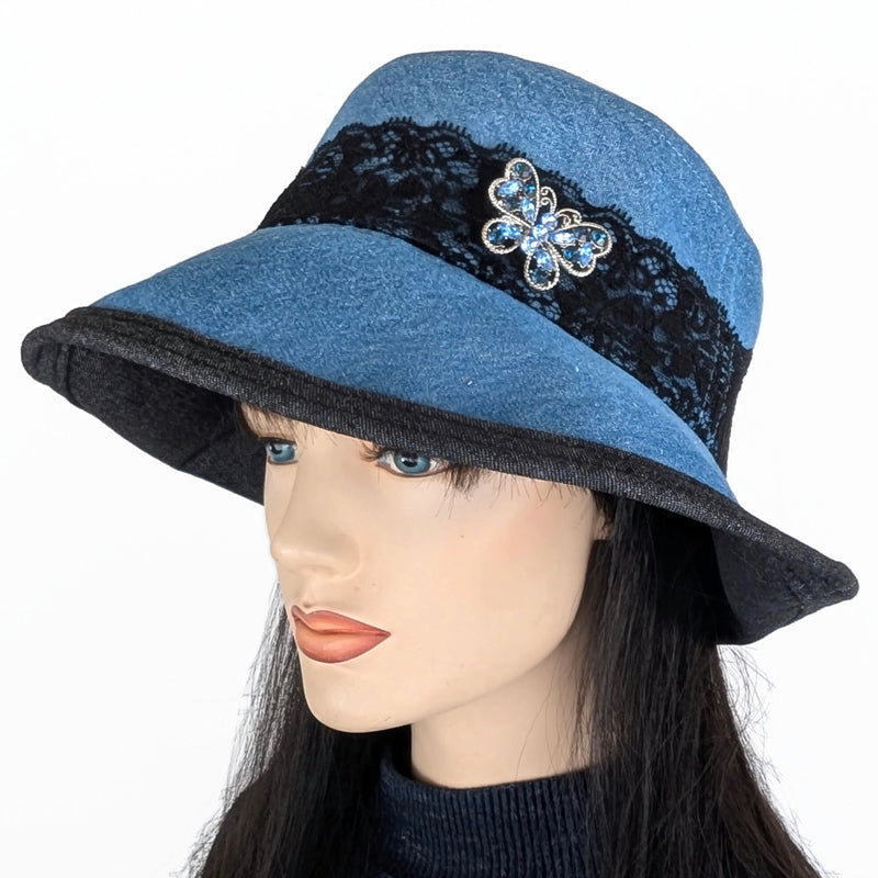 The Perfect Sun Hat, blue and black denim with black lace and sparkly pin trim, with flattering brim