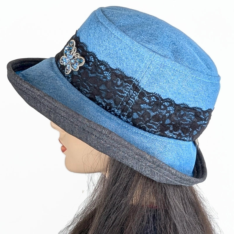 The Perfect Sun Hat, blue and black denim with black lace and sparkly pin trim, with flattering brim