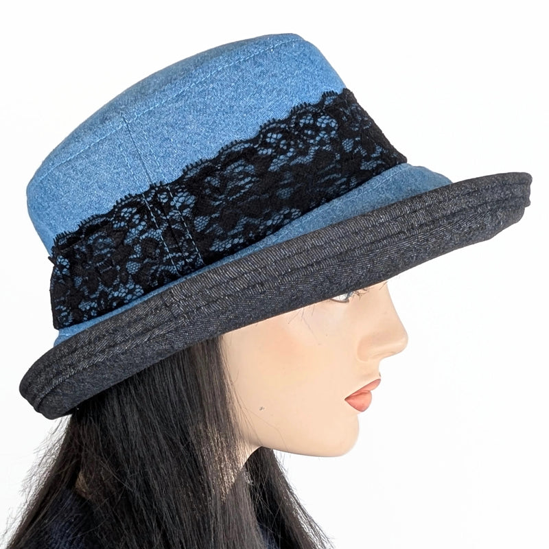 The Perfect Sun Hat, blue and black denim with black lace and sparkly pin trim, with flattering brim