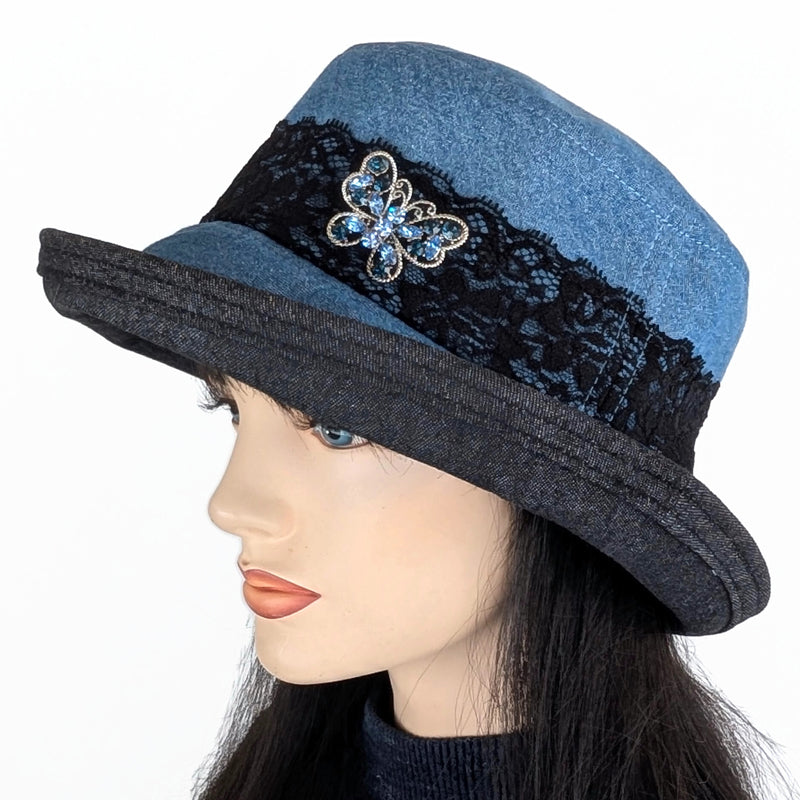 The Perfect Sun Hat, blue and black denim with black lace and sparkly pin trim, with flattering brim