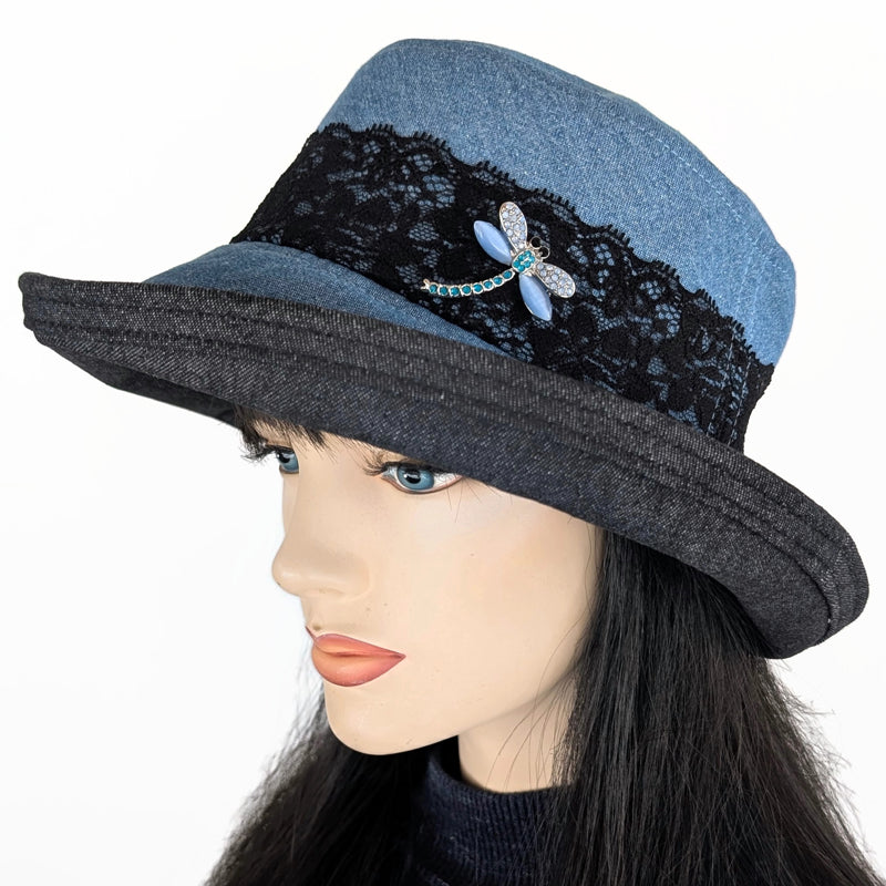 The Perfect Sun Hat, blue and black denim with black lace and sparkly pin trim, with flattering brim