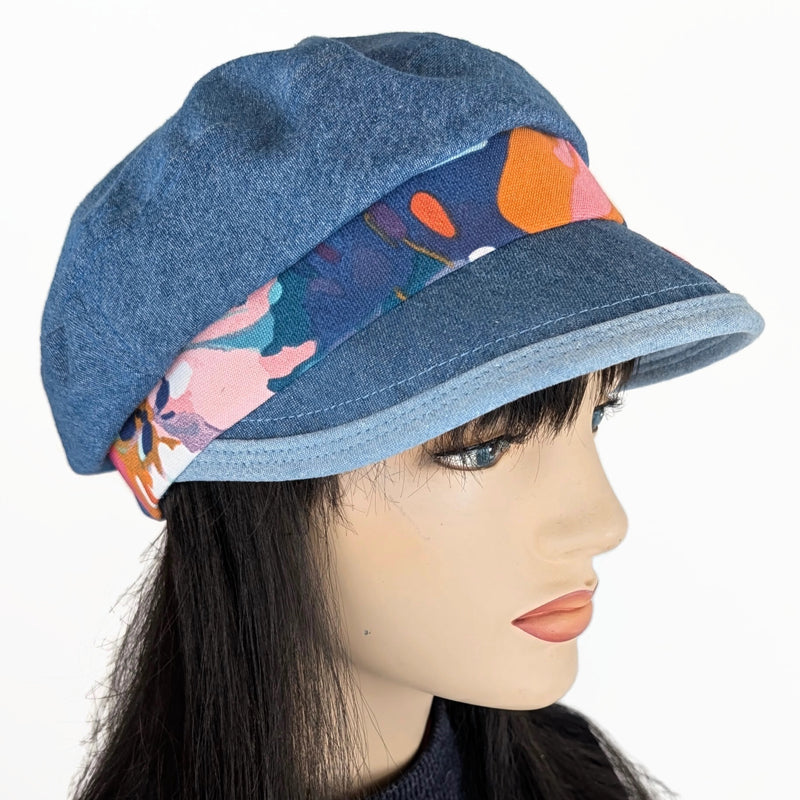 Fisher Fashion Cap in washed blue denim, floral accents, wide visor, relaxed fit
