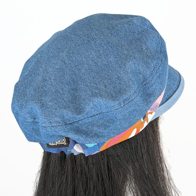 Fisher Fashion Cap in washed blue denim, floral accents, wide visor, relaxed fit