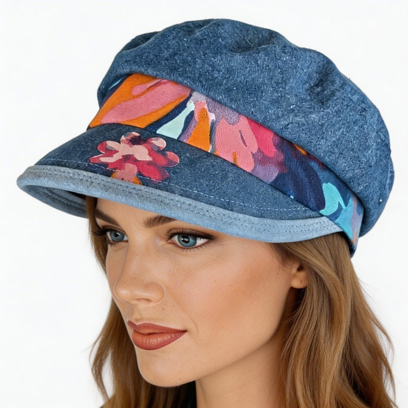 Fisher Fashion Cap in washed blue denim, floral accents, wide visor, relaxed fit