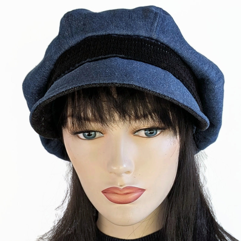 Washed Denim Newsboy Poorboy Fashion Cap with black lace trim, relaxed fit