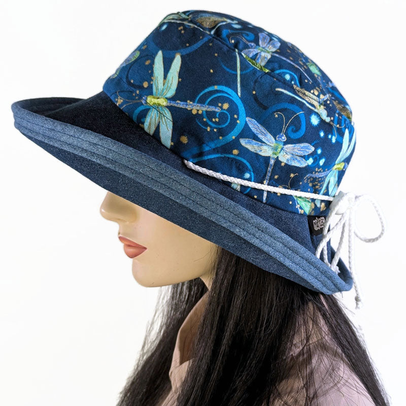 106 Sunblocker UV summer sun hat with large wide brim featuring dragonfly print