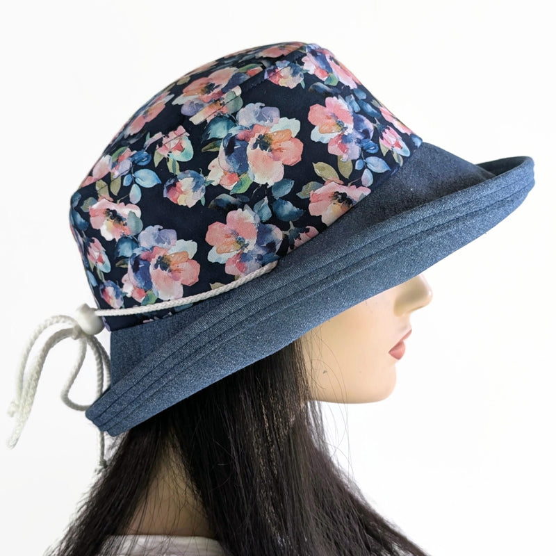 Sunblocker UV summer hat sun hat with wide brim, denim with floral print, adjustable fit