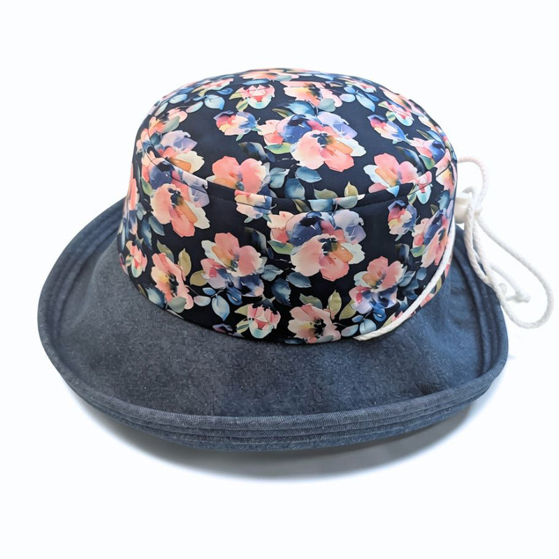 Sunblocker UV summer hat sun hat with wide brim, denim with floral print, adjustable fit