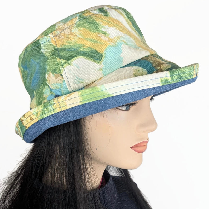 The Perfect Hat UV summer sun hat built to resist sun, rain and stains, blues abstract floral