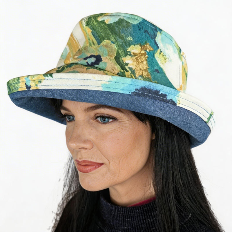 The Perfect Hat UV summer sun hat built to resist sun, rain and stains, blues abstract floral