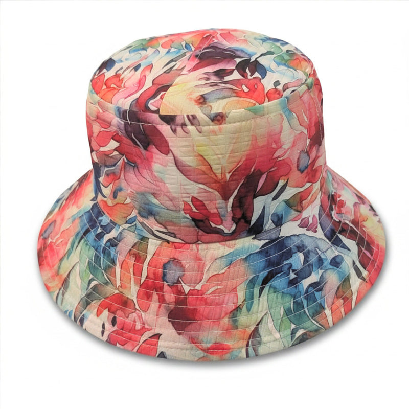 Sun Hat Perfect Bucket Hat, abstract bright floral print, deep bucket brim