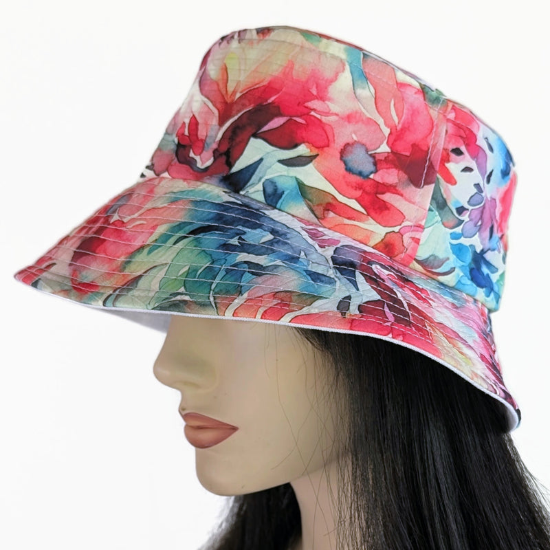Sun Hat Perfect Bucket Hat, abstract bright floral print, deep bucket brim