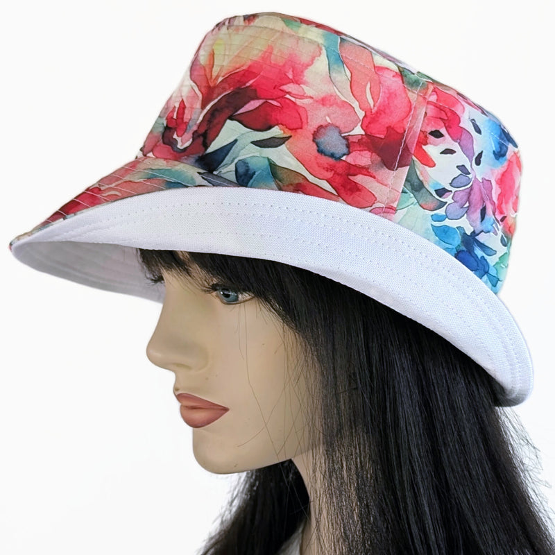 Sun Hat Perfect Bucket Hat, abstract bright floral print, deep bucket brim
