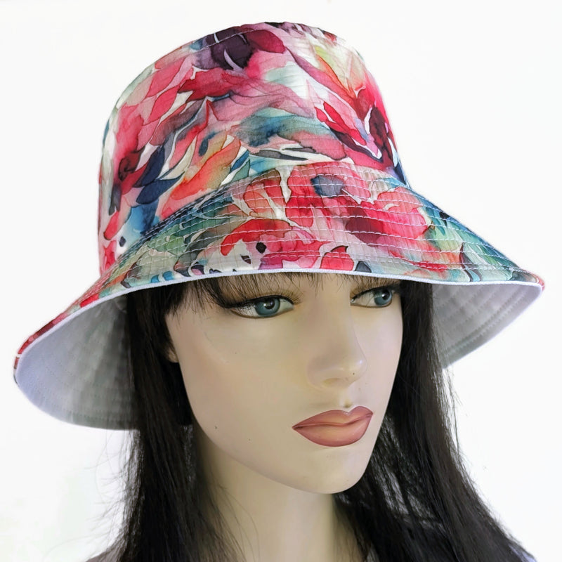 Sun Hat Perfect Bucket Hat, abstract bright floral print, deep bucket brim