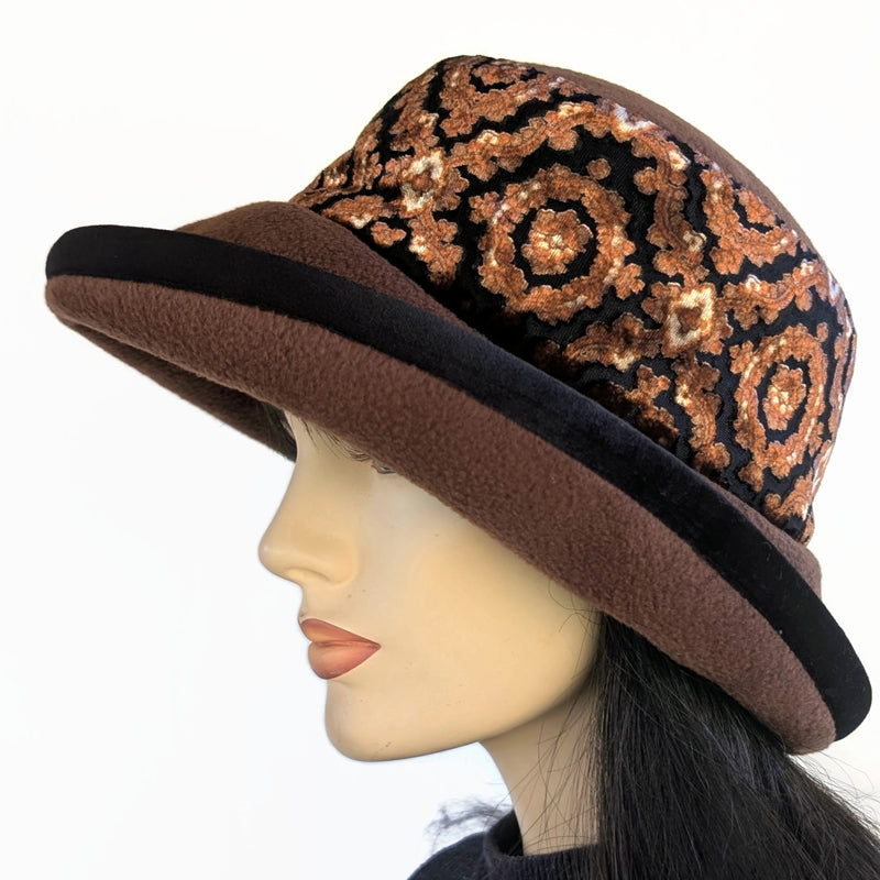 Premium Winter Fashion Hat with Earflaps, with black and brown velvet burnout band, black velvet edge trim and wide brim