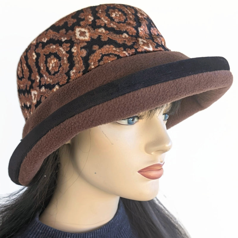 Premium Winter Fashion Hat with Earflaps, with black and brown velvet burnout band, black velvet edge trim and wide brim