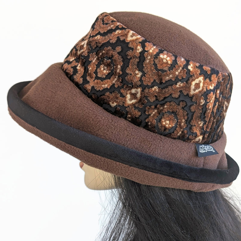 Premium Winter Fashion Hat with Earflaps, with black and brown velvet burnout band, black velvet edge trim and wide brim