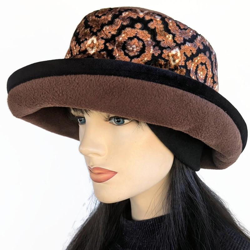 Premium Winter Fashion Hat with Earflaps, with black and brown velvet burnout band, black velvet edge trim and wide brim