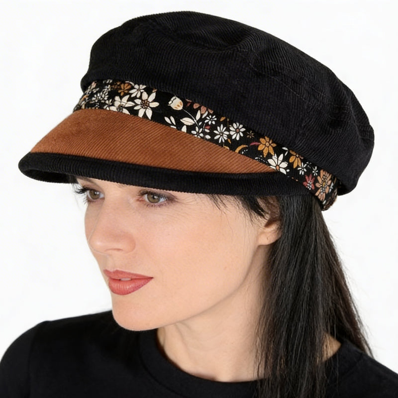 Fisher Fashion Cap in narrow cord, brown and black floral on black, wide visor, relaxed fit
