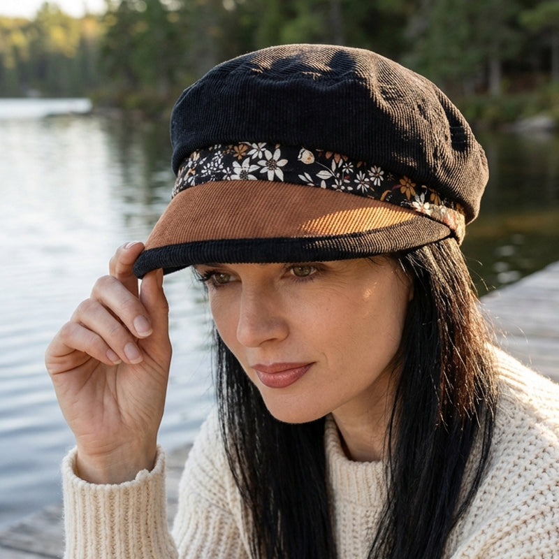 Fisher Fashion Cap in narrow cord, brown and black floral on black, wide visor, relaxed fit