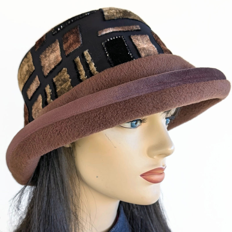Premium Winter Fashion Hat in brown with geometric sparkly band and brown velvet edge and wide brim (Copy)