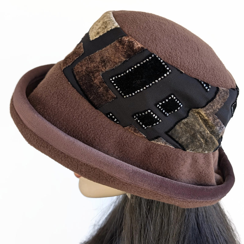 Premium Winter Fashion Hat in brown with geometric sparkly band and brown velvet edge and wide brim (Copy)