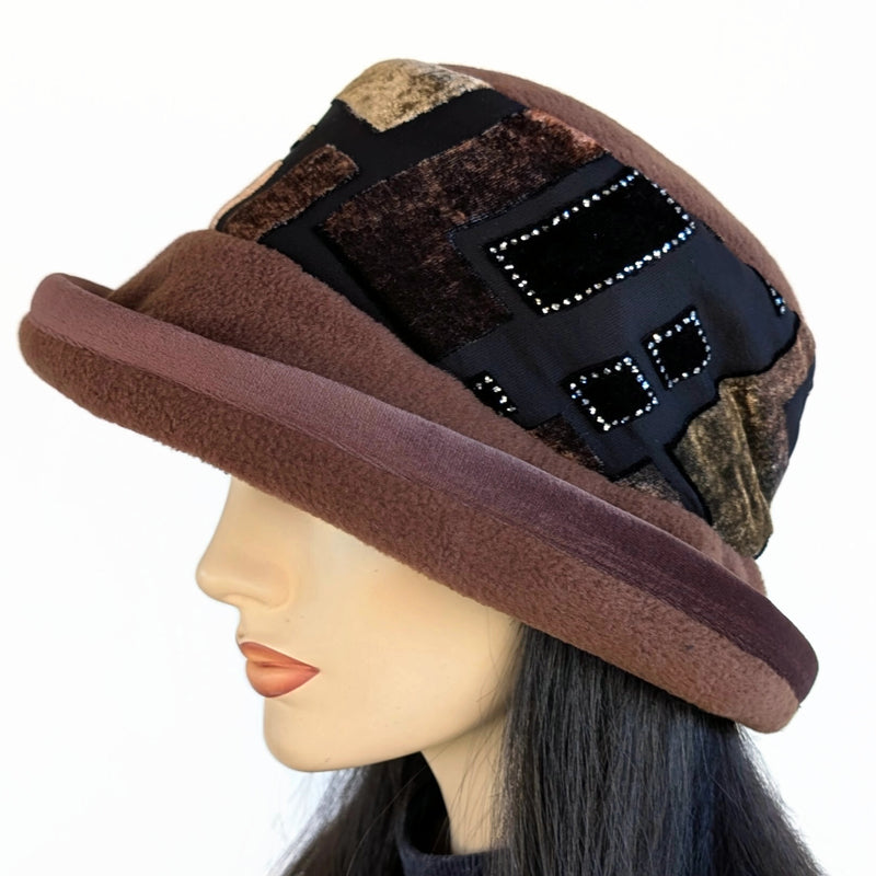 Premium Winter Fashion Hat in brown with geometric sparkly band and brown velvet edge and wide brim (Copy)