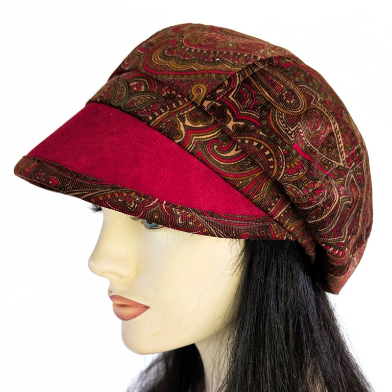 Baggy Poorboy Fashion Cap in  cord, red, sage, brown paisley, with wide flattering visor, one size fit