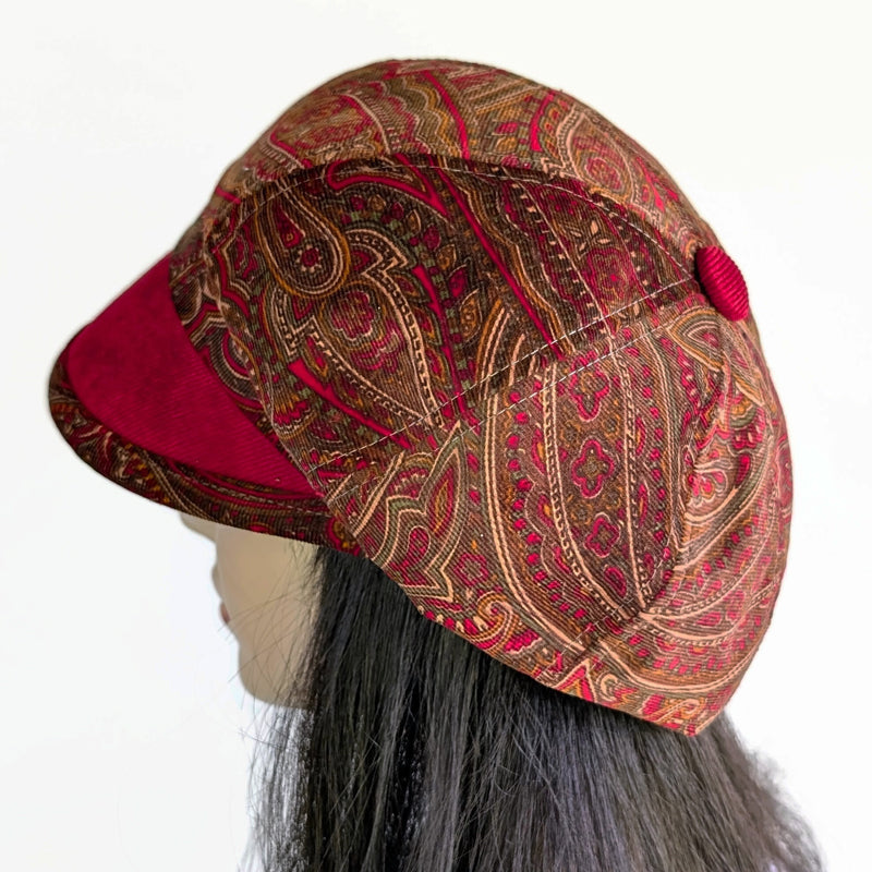 Baggy Poorboy Fashion Cap in  cord, red, sage, brown paisley, with wide flattering visor, one size fit