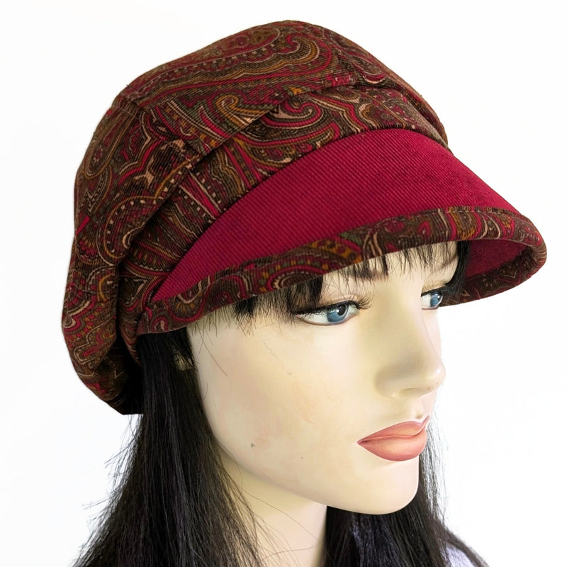 Baggy Poorboy Fashion Cap in  cord, red, sage, brown paisley, with wide flattering visor, one size fit
